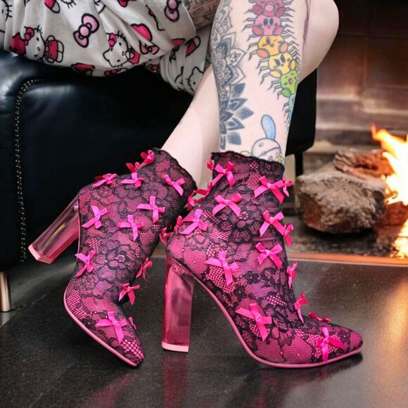 Sugar Thrillz Lace Booties | Pink Stretch Transparent Heel Bow Accent 7 - Picture 3 of 14